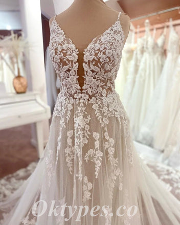 Lace Applique Ivory Beach Wedding Dresses V Neck Backless Wedding Dres –  Oktypes