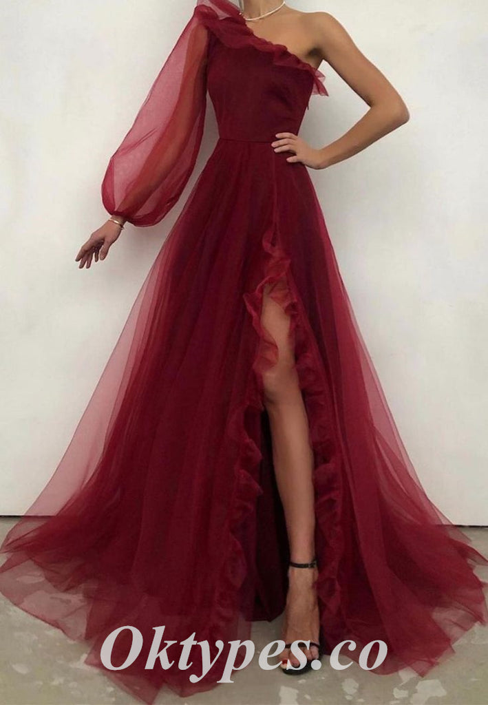 Sexy Tulle One Shoulder Long Sleeves Side Slit A-Line Long Prom Dresses, PDS0966