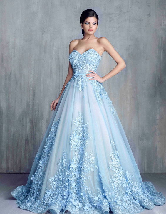 Light Blue Long Ball Gown Sweetheart Appliques Lace Up Wedding Dresses, TYP0066
