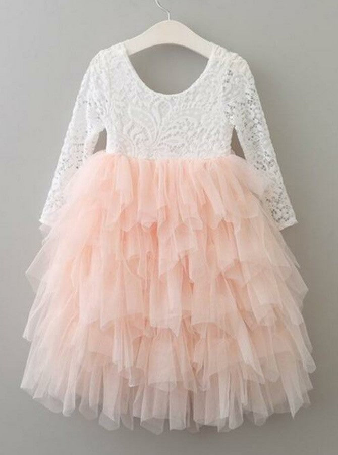 A-Line Scoop Tea-Length 3/4 Sleeves Pink Flower Girl Dresses with Lace Ruffles, TYP1027