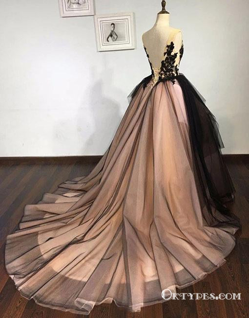 Unique Sleeveless V Back  Lace Applique Evening Dresses Prom Dresses, TYP1788