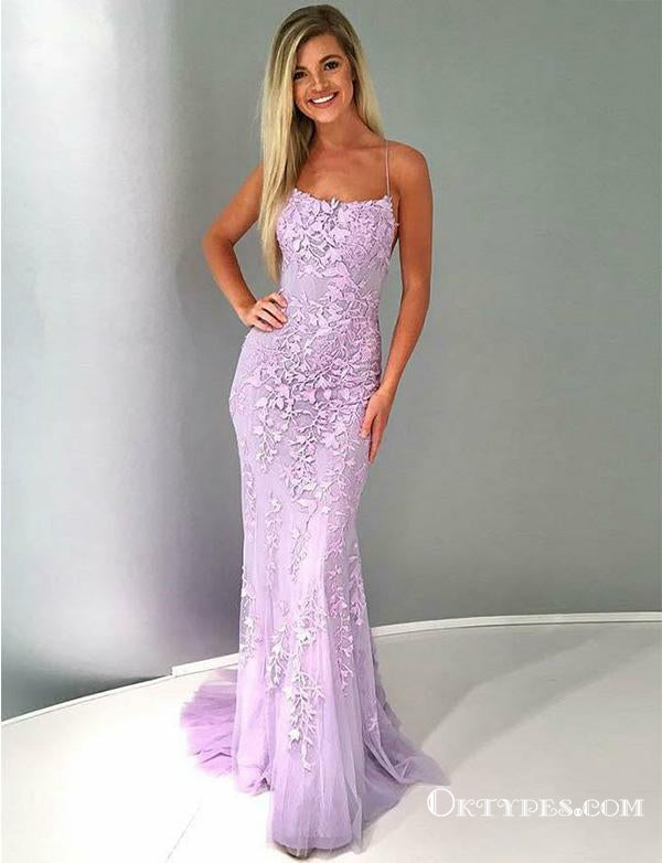 Spaghetti Straps Lilac Tulle Long Cheap Prom Dresses With Appliques, TYP1816