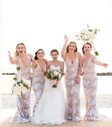 Elegant Mermaid V-neck Long Cheap Ivory Lace Bridesmaid Dresses, TYP1831