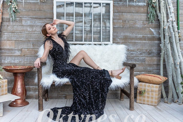 Sexy Black Sequin Spaghetti Straps Deep V-Neck Side Slit Mermaid Long Prom Dresses With Feather,PDS0765