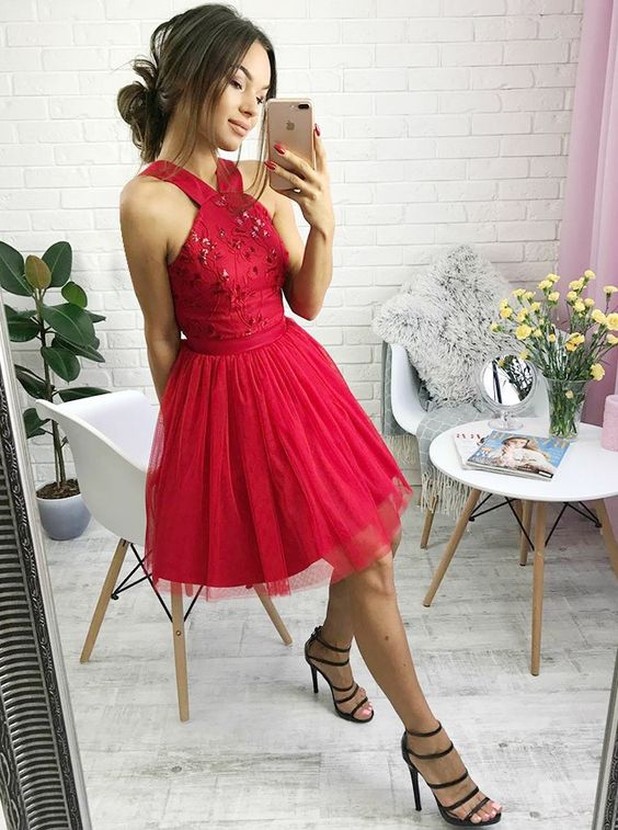 A-Line Cross Neck Short Red Tulle Homecoming Party Dresses with Sequins, TYP1090