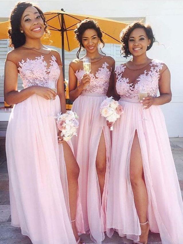 Sexy Side Slit Cap Sleeve Pink Custom Long Bridesmaid Dresses Online, TYP1133