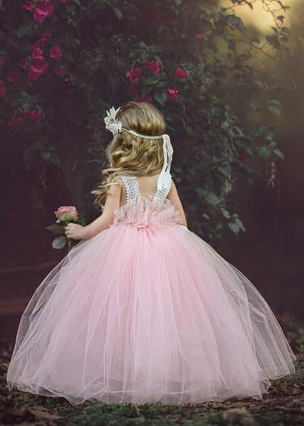 Pink Halter Long Cheap Tulle Flower Girl Dresses With Handmade Flower, TYP1116