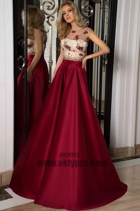 Claret A-line Long Floor Length Prom Dresses, Appliques Prom Dresses, Short Sleeve Prom Dresses, Backless Lace Up Prom Dresses, TYP0276
