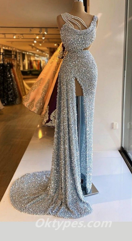 Sexy Sequin Spaghetti Straps Sleeveless Mermaid Long Prom Dresses With Split,PDS0390