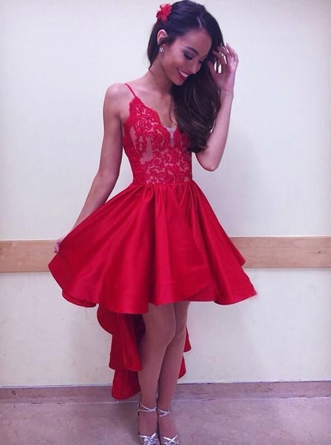 Sexy Spaghetti Straps Asymmetric Red Satin Homecoming Dresses with Lace, TYP1083
