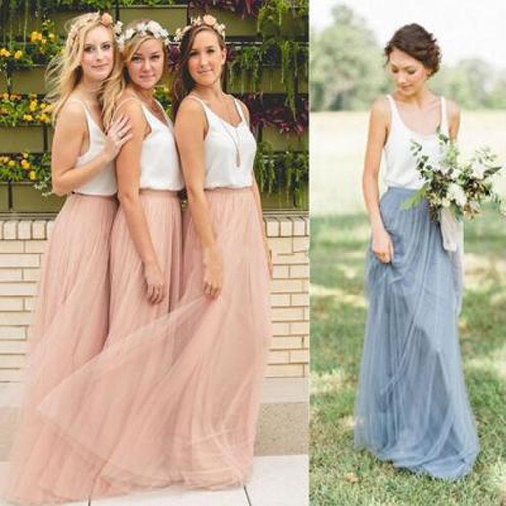 Popular Cheap Junior Off Shoulder Scoop Neck White Blush Pink Tulle Long Bridesmaid Dresses, TYP0164