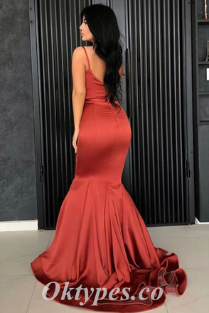 Sexy Rust Satin Spaghetti Straps Sleeveless Mermaid Long Prom Dresses ,PDS0623