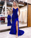 Sexy Charming Royal Blue Sequin Spaghetti Straps V-Neck Sleeveless Side Slit Mermaid Long Prom Dresses With Feather,PDS0652