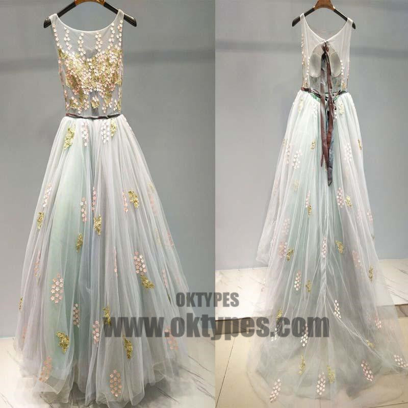 Unique Scoop Neckline Tulle Applique Long Prom Dress, Beautiful Prom Dress, Prom Dresses, TYP0317