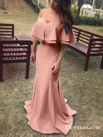 Mermaid Off-the-Shoulder Pink Long Cheap Mermaid Prom Dresses, TYP1865