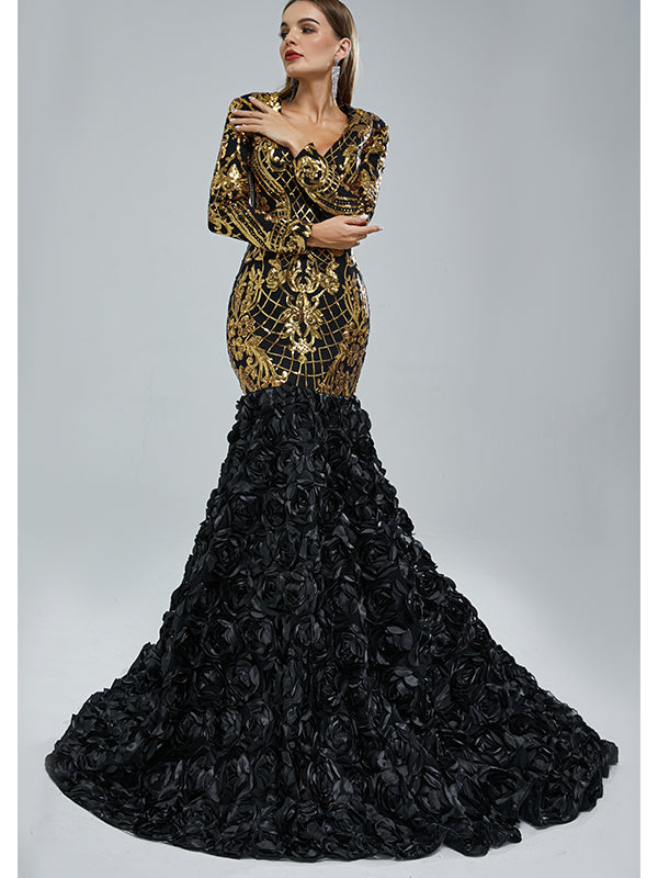 Elegant Black-Gold Long Sleeve V-Neck Mermaid Long Prom Dresses,PDS0423