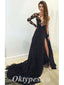 Elegant Black Lace And Tulle Long Sleeve A-Line Long Prom Dresses,PDS0798