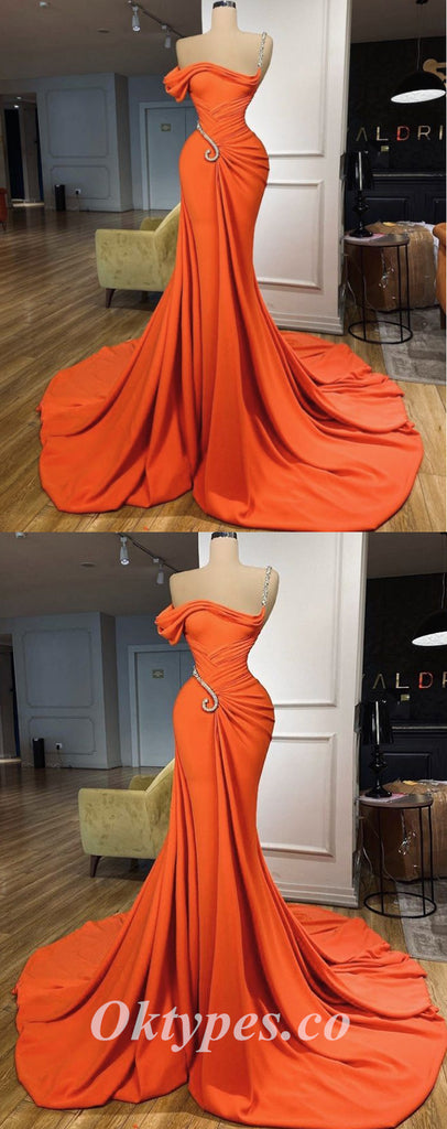 Elegant Orange Satin One Shoulder Sleeveless Mermaid Long Prom Dresses With Decoration,PDS0516