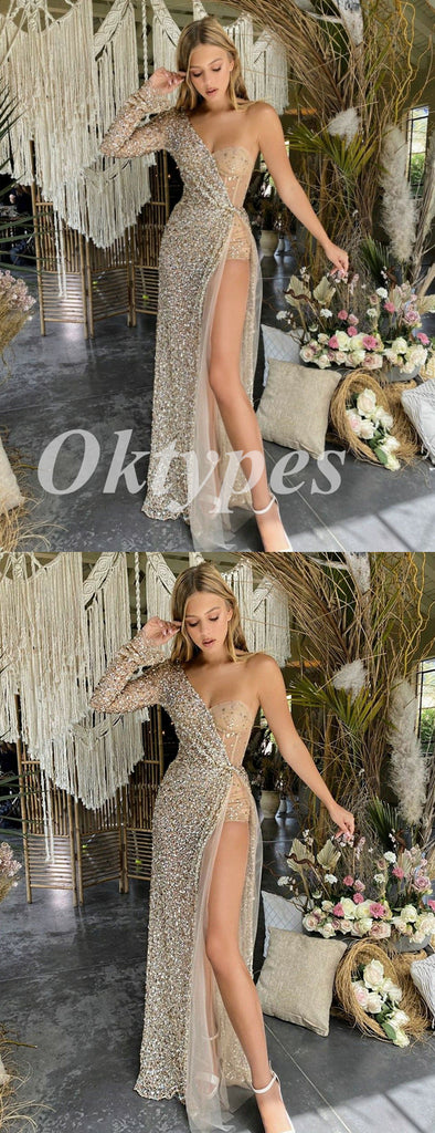 Sexy Shiny Sequin And Tulle One Shoulder Long Sleeve Side Slit Mermaid Long Prom Dresses,PDS0721