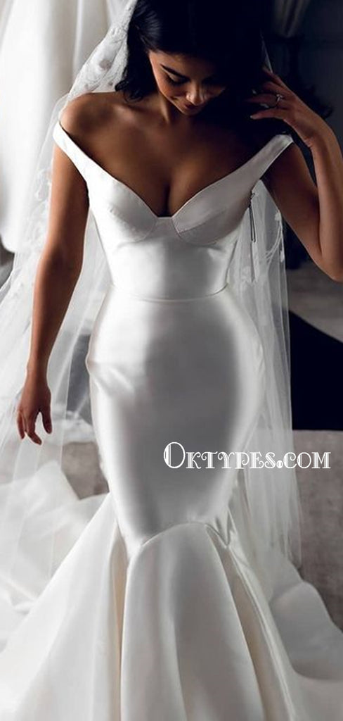 Simple Off-shoulder Long Mermaid Satin Wedding Dresses, TYP1485