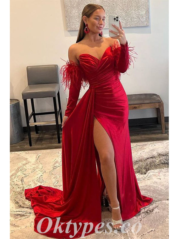Sexy Satin Off Shoulder Long Sleeveless Side Slit Mermaid Long Prom Dresses With Trailing,PDS0700