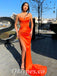 Sexy Orange Satin Spaghetti Straps V-Neck Sleeveless Side Slit Mermaid Long Prom Dresses,PDS0670