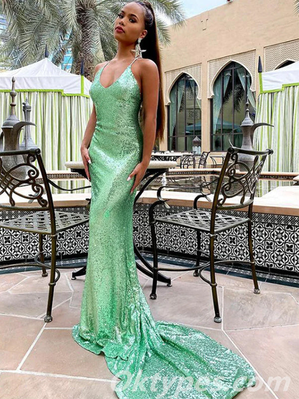 Sexy Charming Sequin Halter Criss Cross Mermaid Long Prom Dresses ,PDS0370