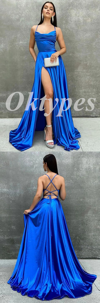 Sexy Satin Spaaghetti Straps sleeveless Lace Up Back Side Slit A-Line Long Prom Dresses, PDS0927