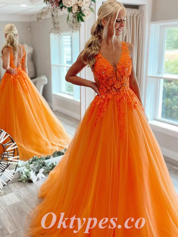 Elegant Orange Tulle Spaghetti Straps V-Neck A-Line Long Prom Dresses With Applique,PDS0592