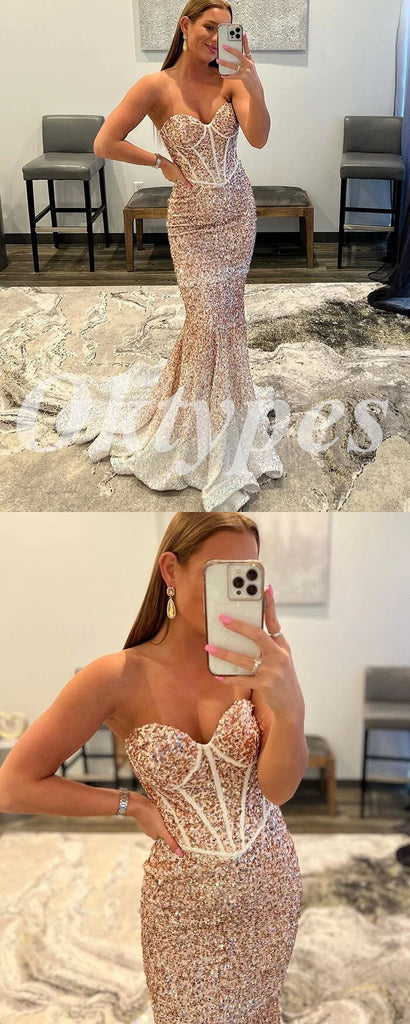 Sexy Gradient Sequin Sweetheart Sleeveless Mermaid Long Prom Dresses, PDS0903