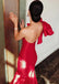 Elegant One Shoulder Flower Red Satin Sexy Backless Zipper Mermaid Long Cheap Formal Prom Dresses, PDS0047