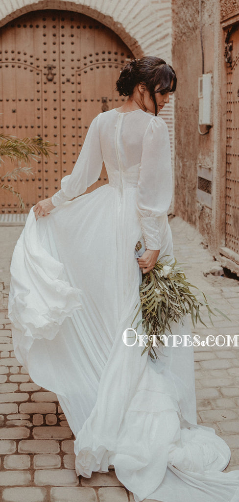 Unique V-neck Long Chiffon Cheap Beach Wedding Dresses, TYP1567