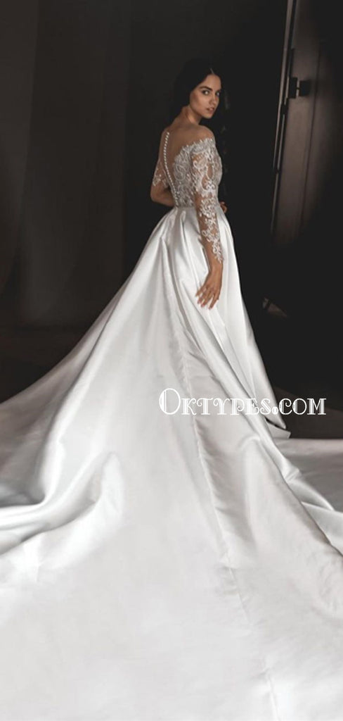 New Arrival V-neck A-line Satin Long Sleeve Wedding Dresses, WDS0083