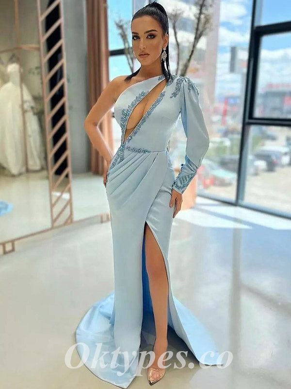 Sexy Blue Satin One Shoulder Long Sleeve Side Slit Mermaid Long Prom Dresses With Rhinestone, PDS0820