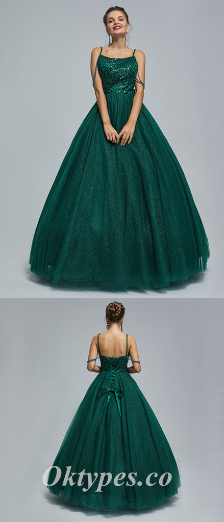 Elegant Sequin Top Tulle Bottom Lace Up Back A-Line Long Prom Dresses,PDS0464