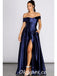 Elegant Satin Off Shoulder A-Line Split Long Prom Dresses With Pockets,PDS0452