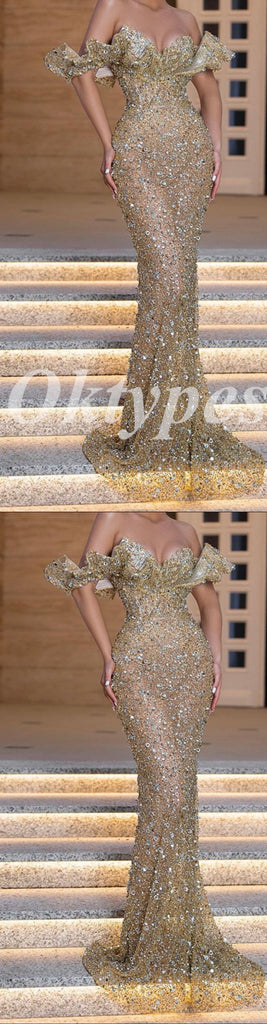 Sexy Sequin Off Shoulder V-Neck Sleeveless Mermaid Long Prom Dresses With Beading, PDS0869