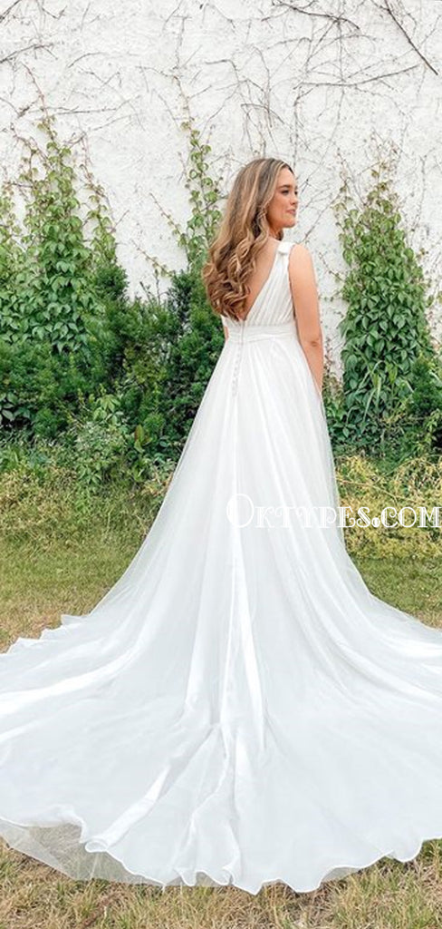Charmign V-neck A-line Sleeveless Side Slit Wedding Dresses, WDS0084