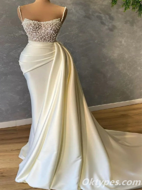 Elegant White Satin Spaghetti Straps Mermaid Evening Prom dresses With Beadings,PDS0324