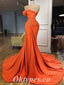 Elegant Orange Satin One Shoulder Sleeveless Mermaid Long Prom Dresses With Decoration,PDS0516