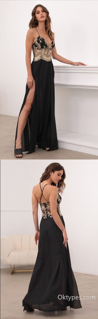 Black Spaghetti Straps V-Neck Side Slit A-Line Long Prom Dress,PDS0320