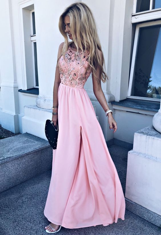 Pretty Round Neck Pink Chiffon Long Homecoming Prom Dresses with Appliques, TYP1062