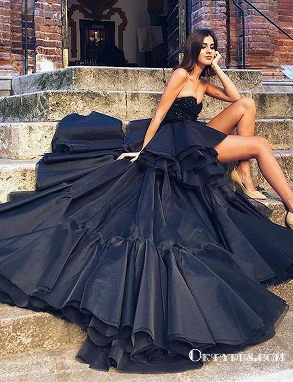 High Low Beading Sweetheart Black Evening Gowns Backless Prom Dresses, TYP1904