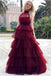 Newest Burgundy Halter Tulle long cheap Cake Prom Dresses, TYP1424