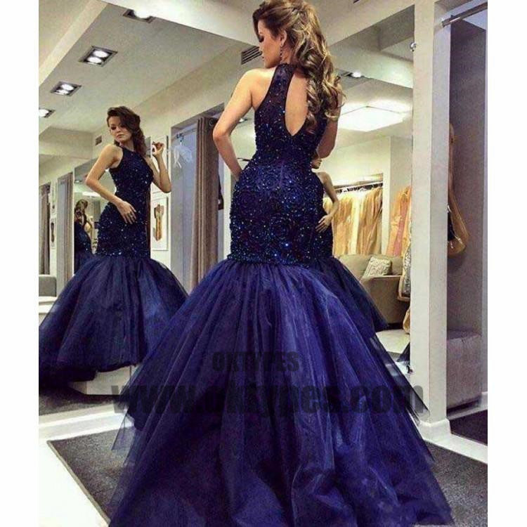 Navy Blue Prom Dresses, Long Mermaid Prom Dresses, Open-back Lace Prom Dresses, Beading Evening Dresses, TYP0057