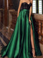Black Lace Green Satin Strapless Side Slit A-line Prom Dresses,PDS0309