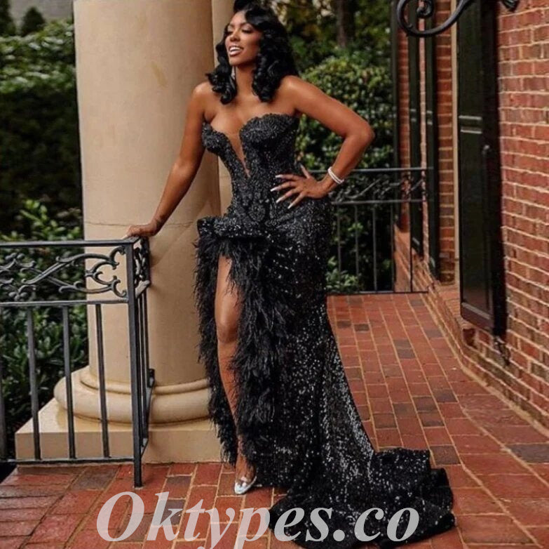 Sexy Black Sequin Sweetheart V-Neck Sleeveless Side Slit Mermaid Long prom Dresses With Feather, PDS0830