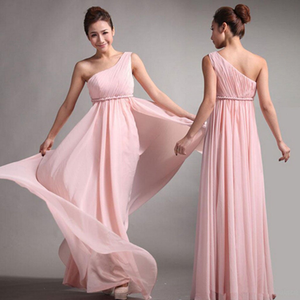 Popular Junior One Shoulder Pink Chiffon Simple Cheap Long Pleating Wedding Party Dress Hot Sale Bridesmaid Dresses, TYP0170