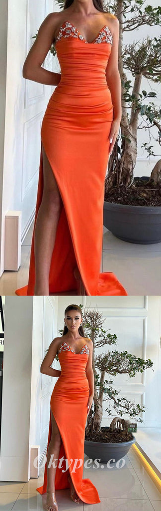 Sexy Orange Satin Sweetheart V-Neck Sleeveless Side Slit Mermaid Long Prom Dresses With Beading,PDS0668