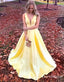 Simple Yellow V Neck A Line Satin Long Cheap Prom Dresses, TYP1784